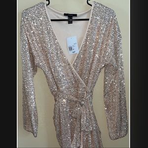 Forever 21 sparkly gold long sleeved wrap dress, new with tags